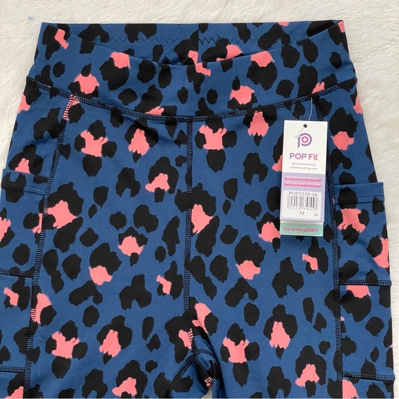 POP Fit Women’s Leggings Sz M Navy Leopard Print Pink Pockets Workout Gym Yoga - Picture 5 of 9